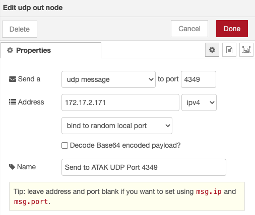 Node-RED UDP Node ATAK Configuration